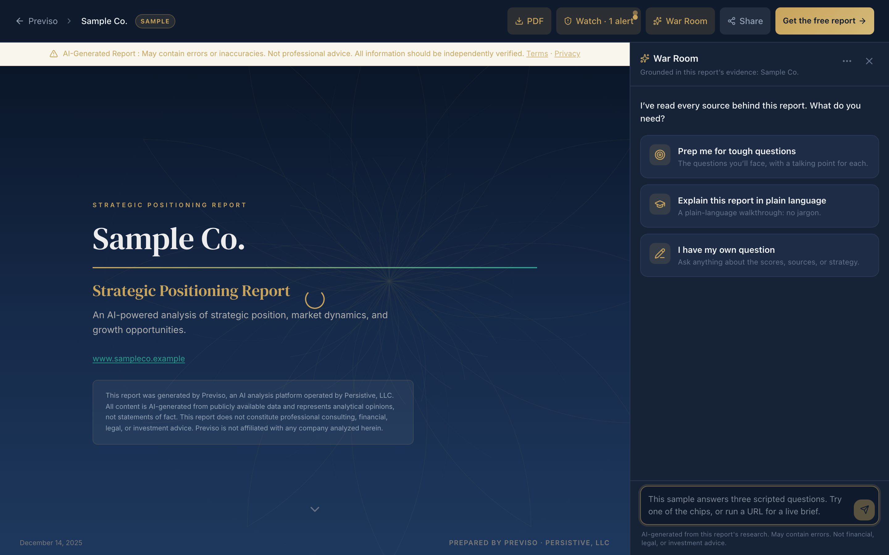 The Sample Co. brief is open in the same HTML viewer a paid report uses.