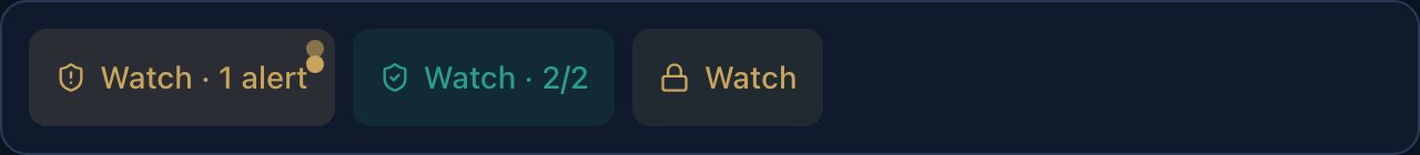 Strategy Watch pills show gold with an alert, teal when quiet, and locked without Monitor.