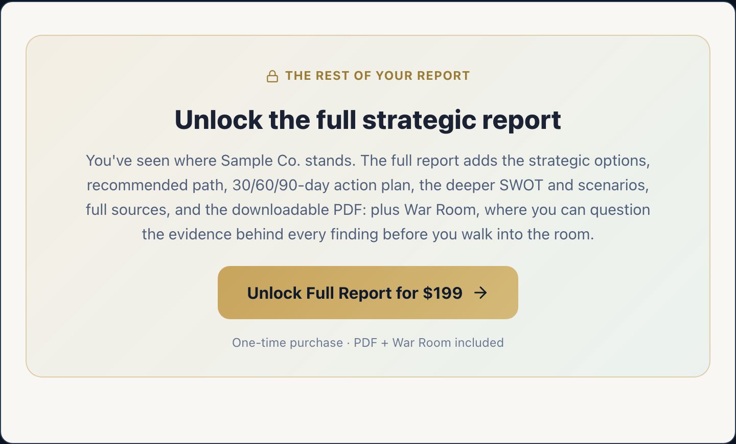 The unlock card on a completed free report offers the full brief for $199.