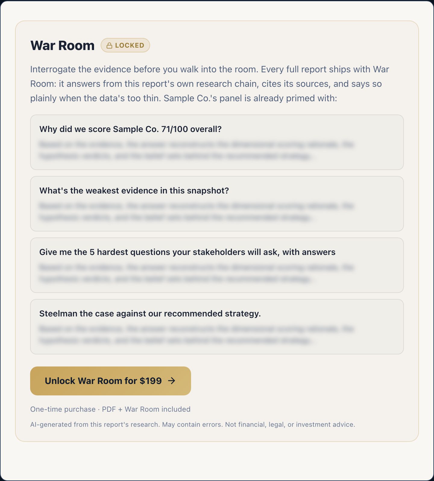 The locked War Room teaser shows primed questions with answers blurred until you unlock.